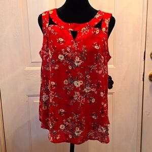 Top: Stylish red floral print summer blouse. Cute strap design #07